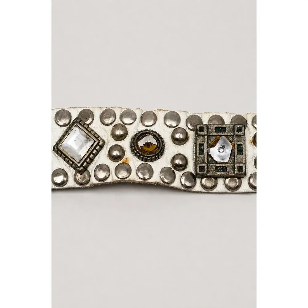 Sand Castle New York Vintage 80s White Leather Jewel Embellished Belt